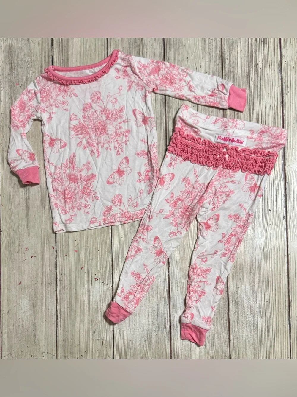 RuffleButts 12-18m Pink Butterfly Garden Toile Bamboo 2pc pajamas set baby girl